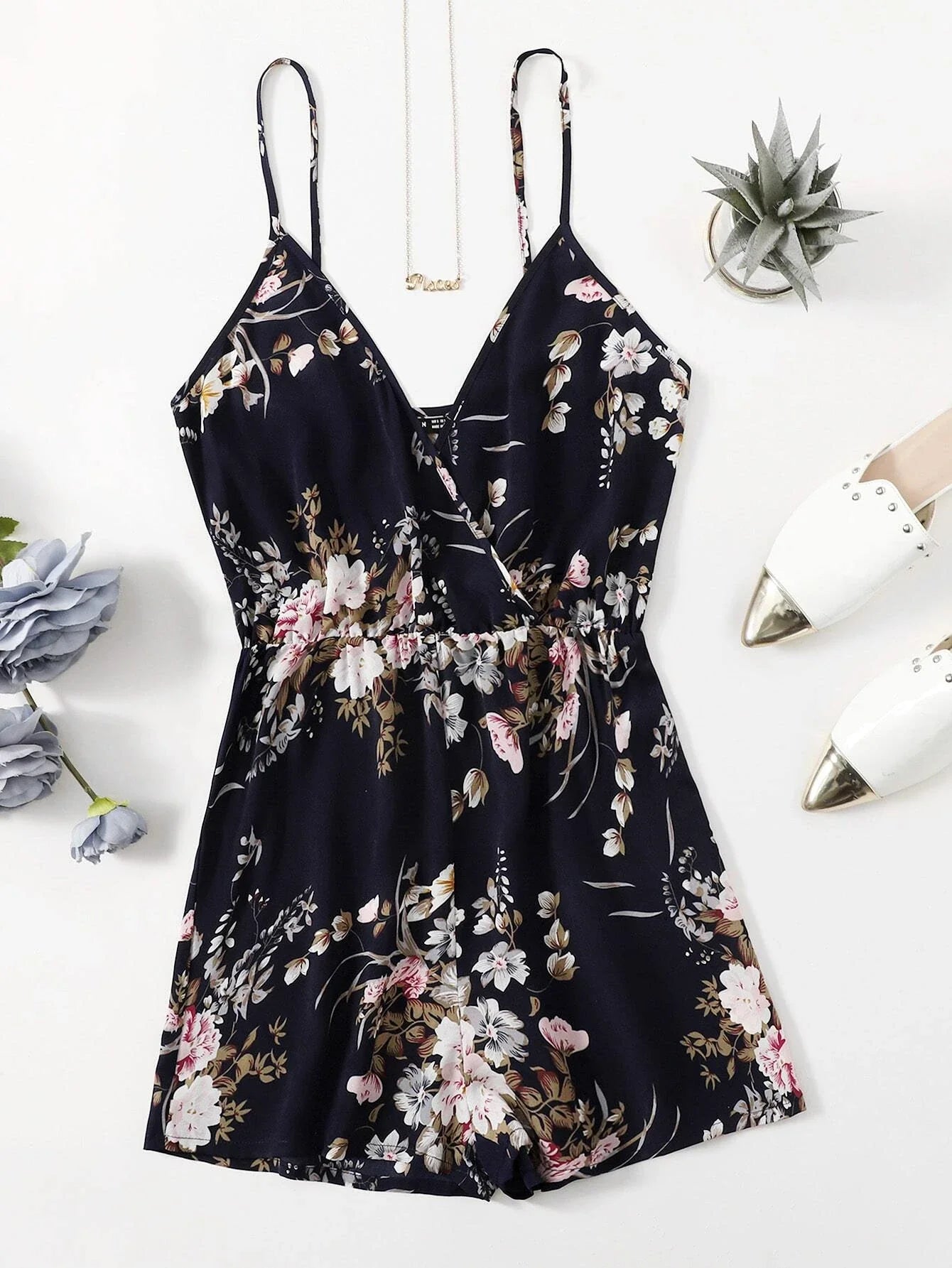 Surplice Necked Floral Cami Romper