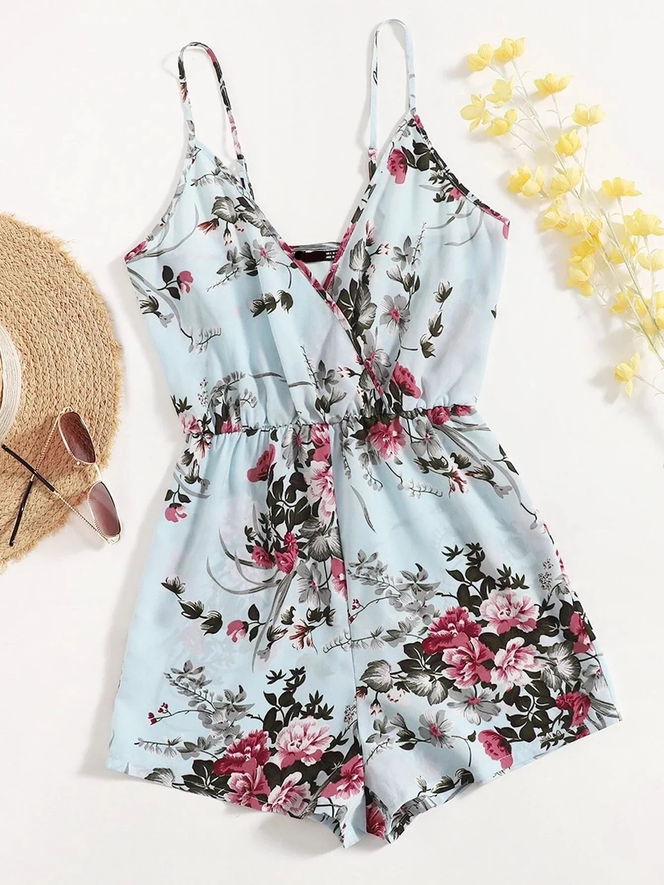 Surplice Necked Floral Cami Romper