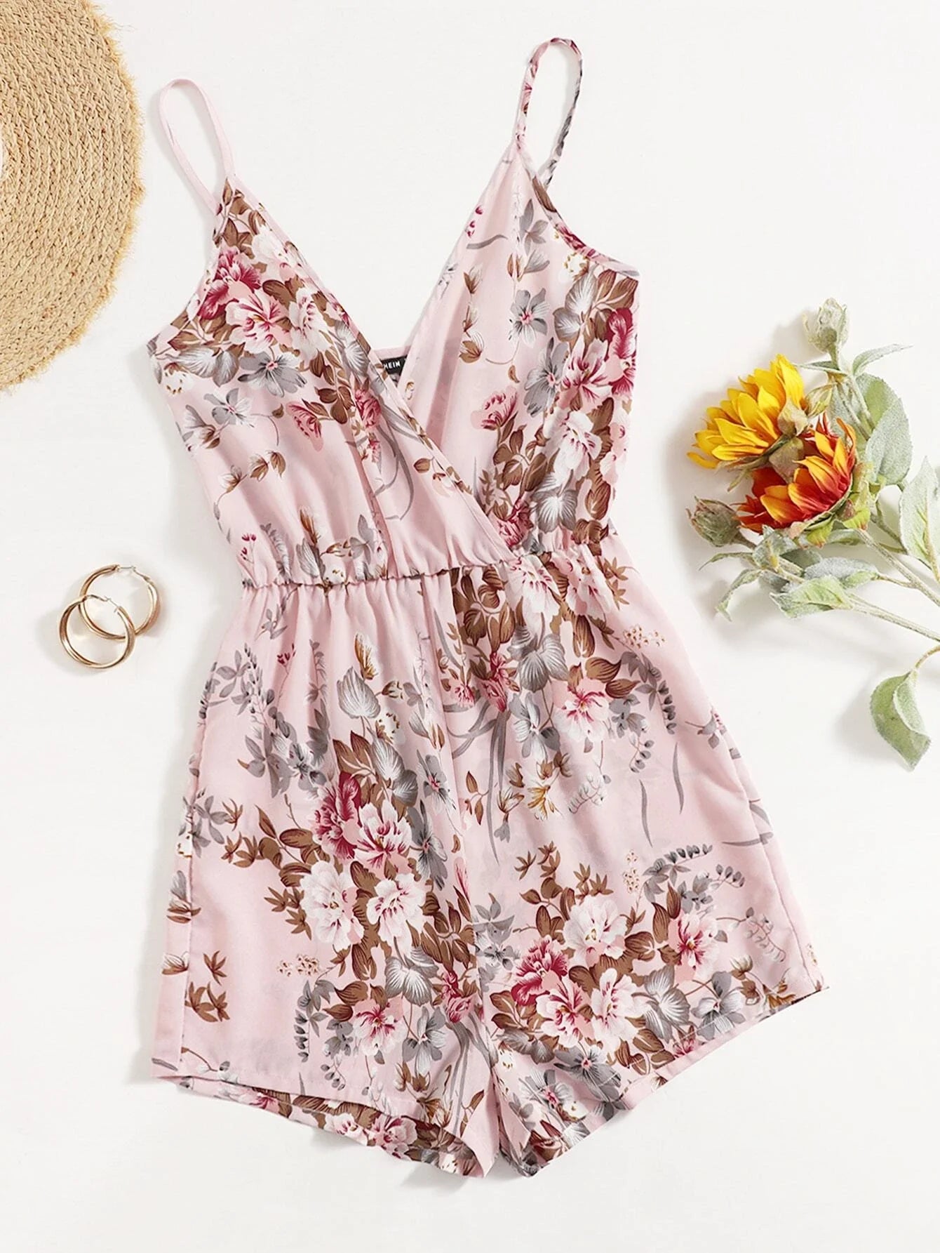 Sleeveless Surplice Neck Floral Cami Romper