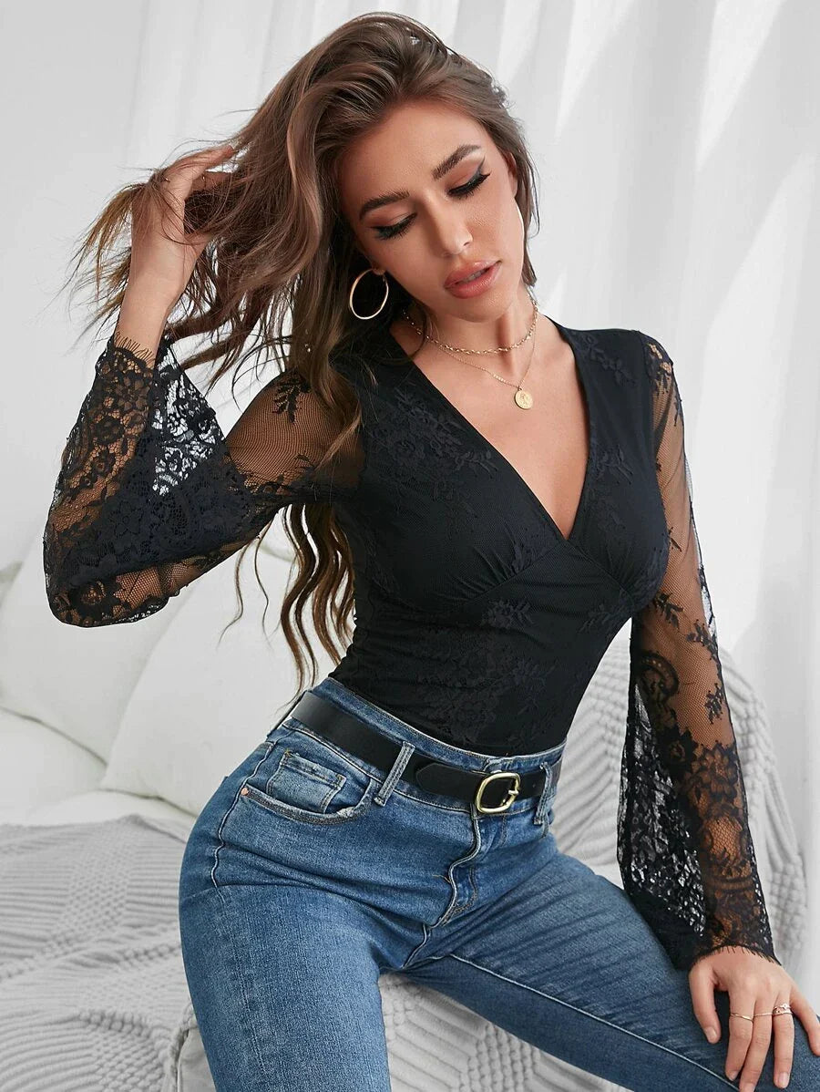 Trumpet Sleeve Slim Fit Lace Bodysuit