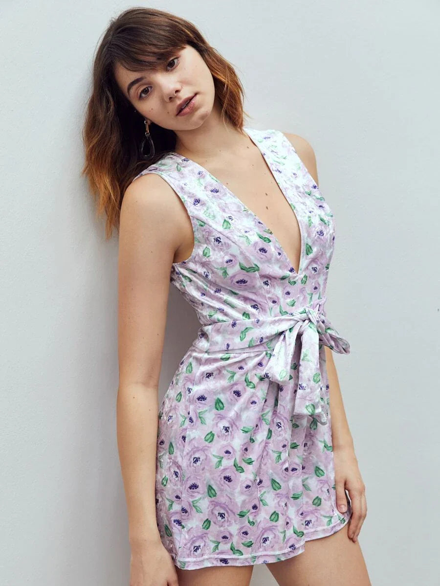 Plunging Neck Knot Front Tank Romper