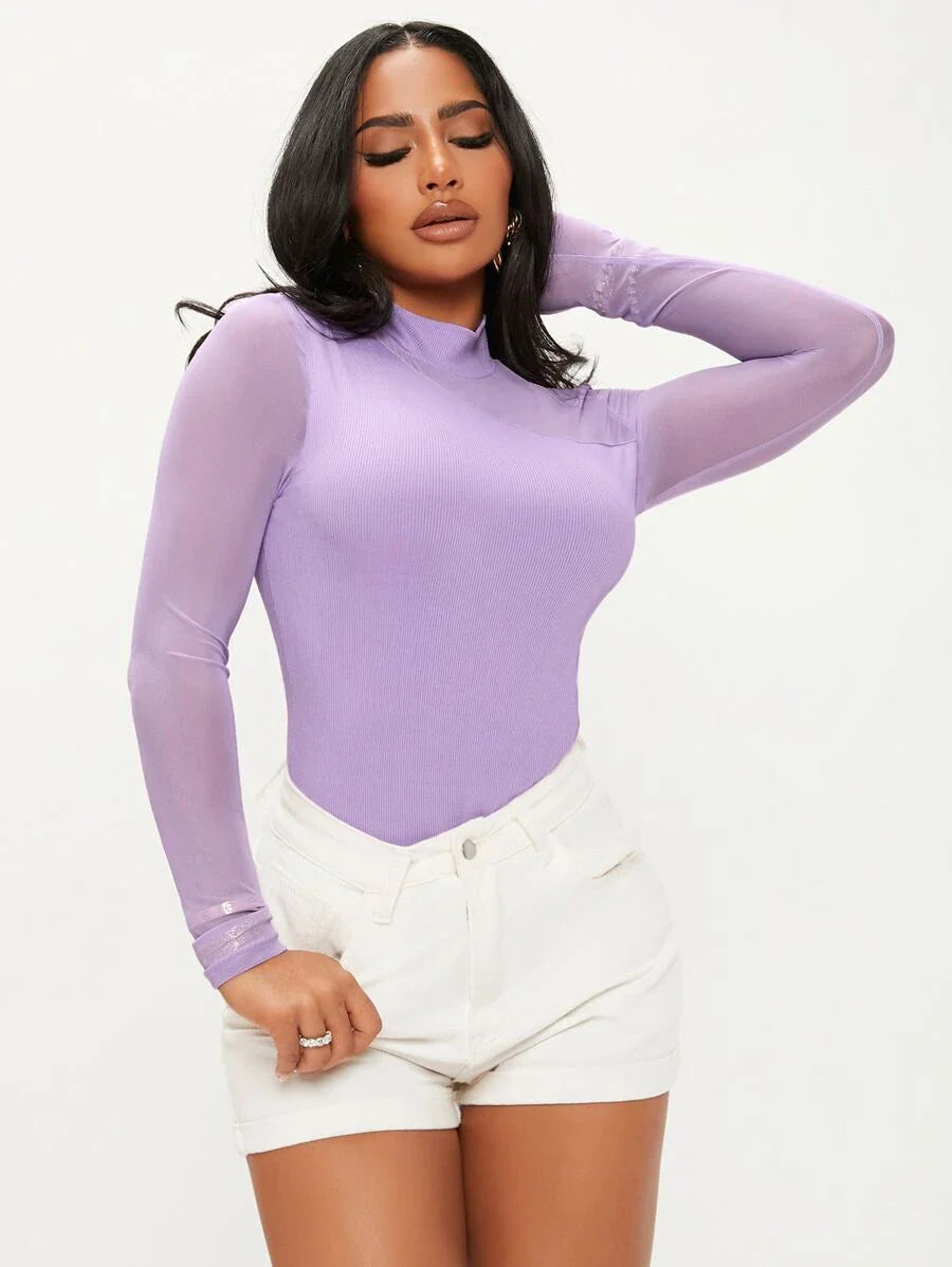 Sleeved Contrast Mesh Mock Neck Bodysuit