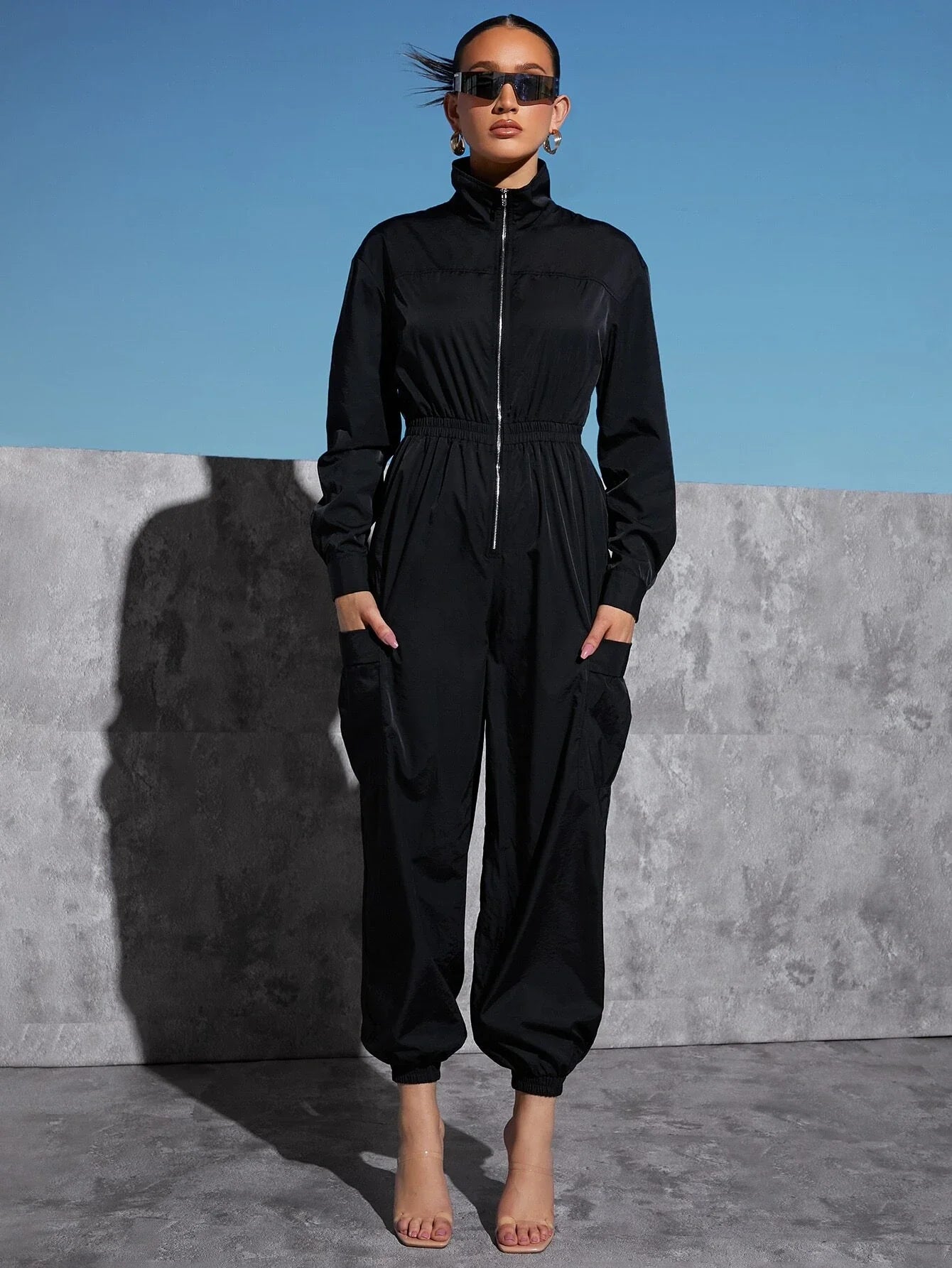 Pocket Side Zip Half Placket Drop Shoulder Jumpsuit