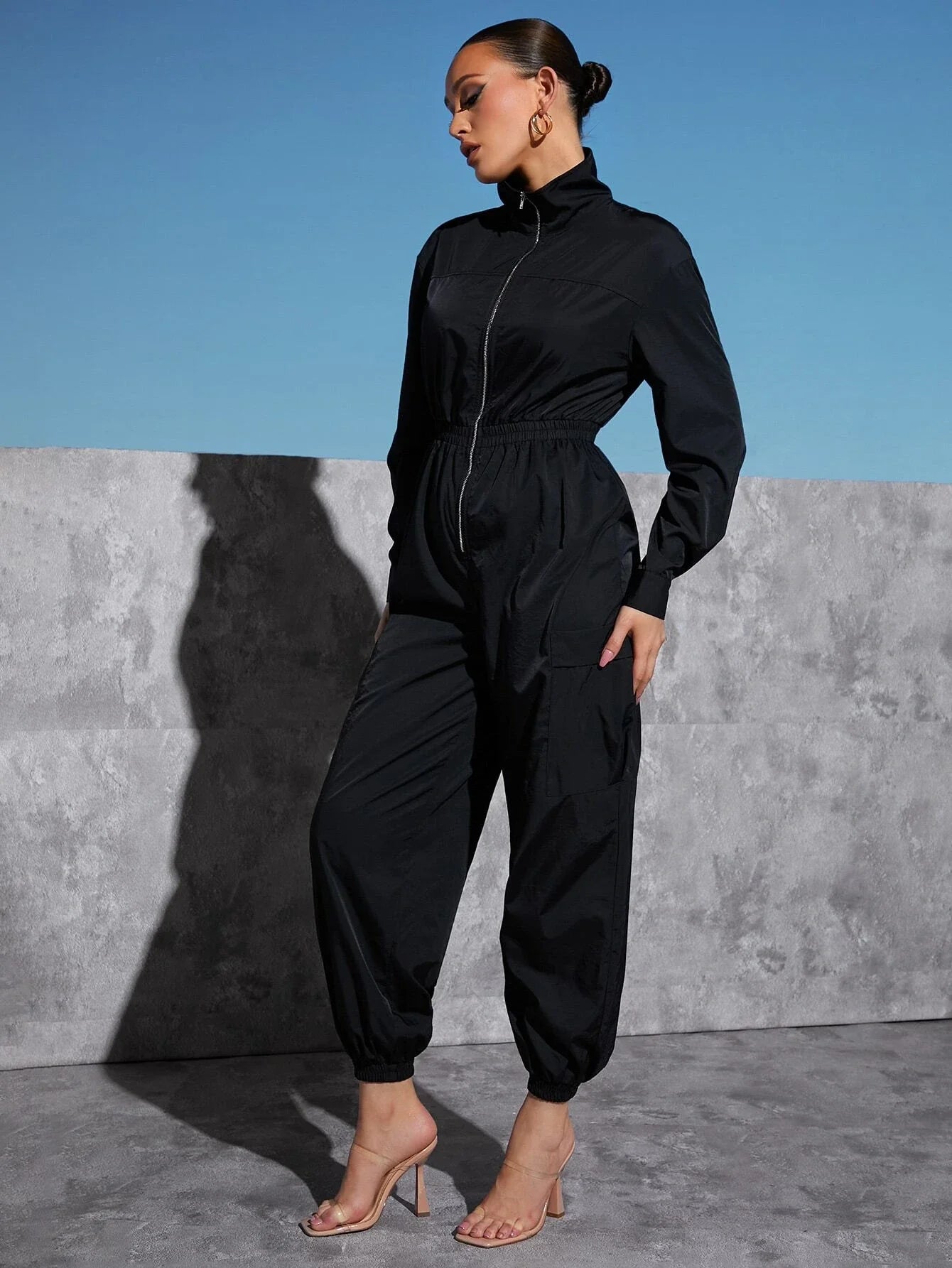 Pocket Side Zip Half Placket Drop Shoulder Jumpsuit