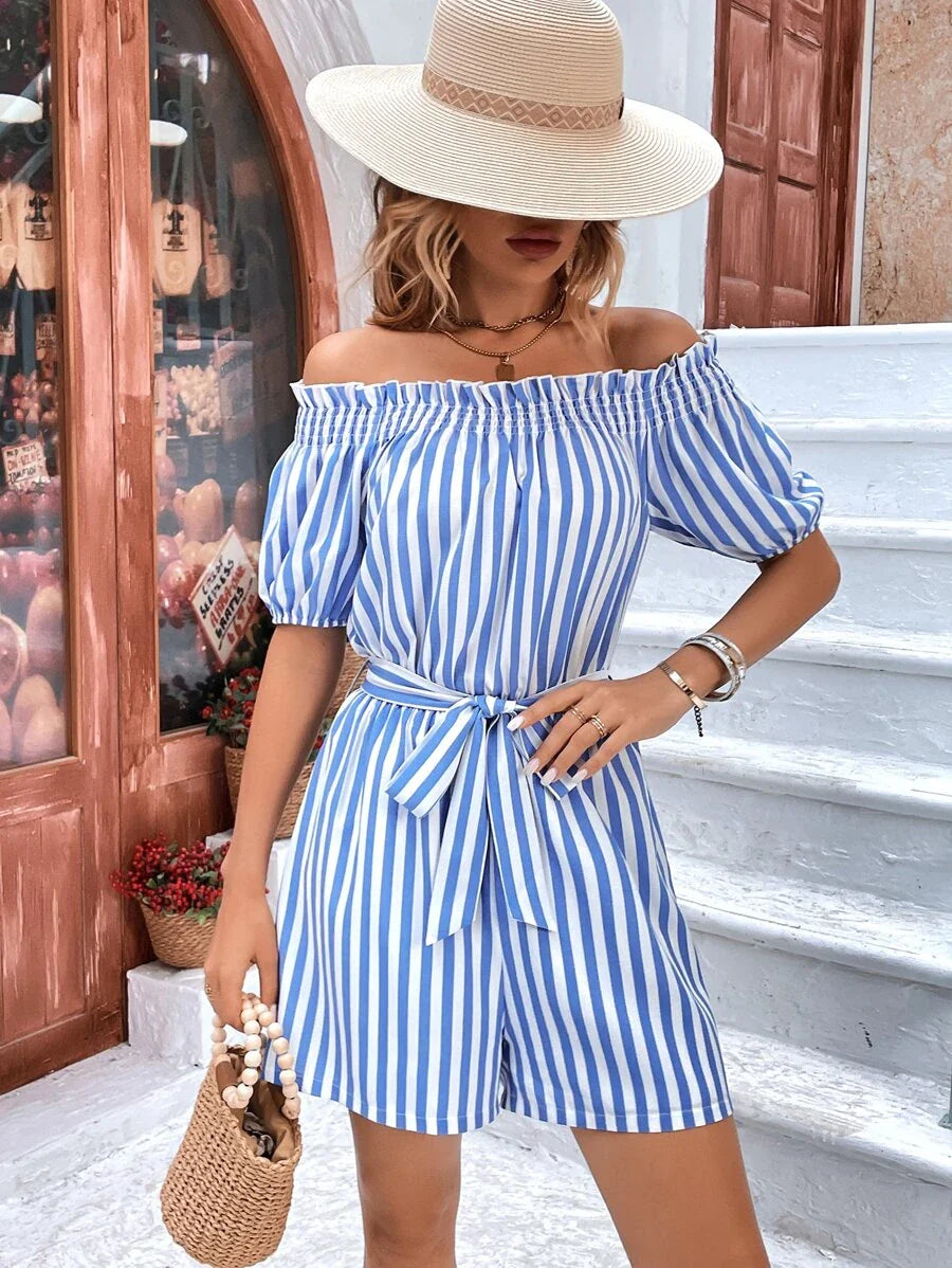 Vertical Striped Off Shoulder Frill Trim Belted Romper