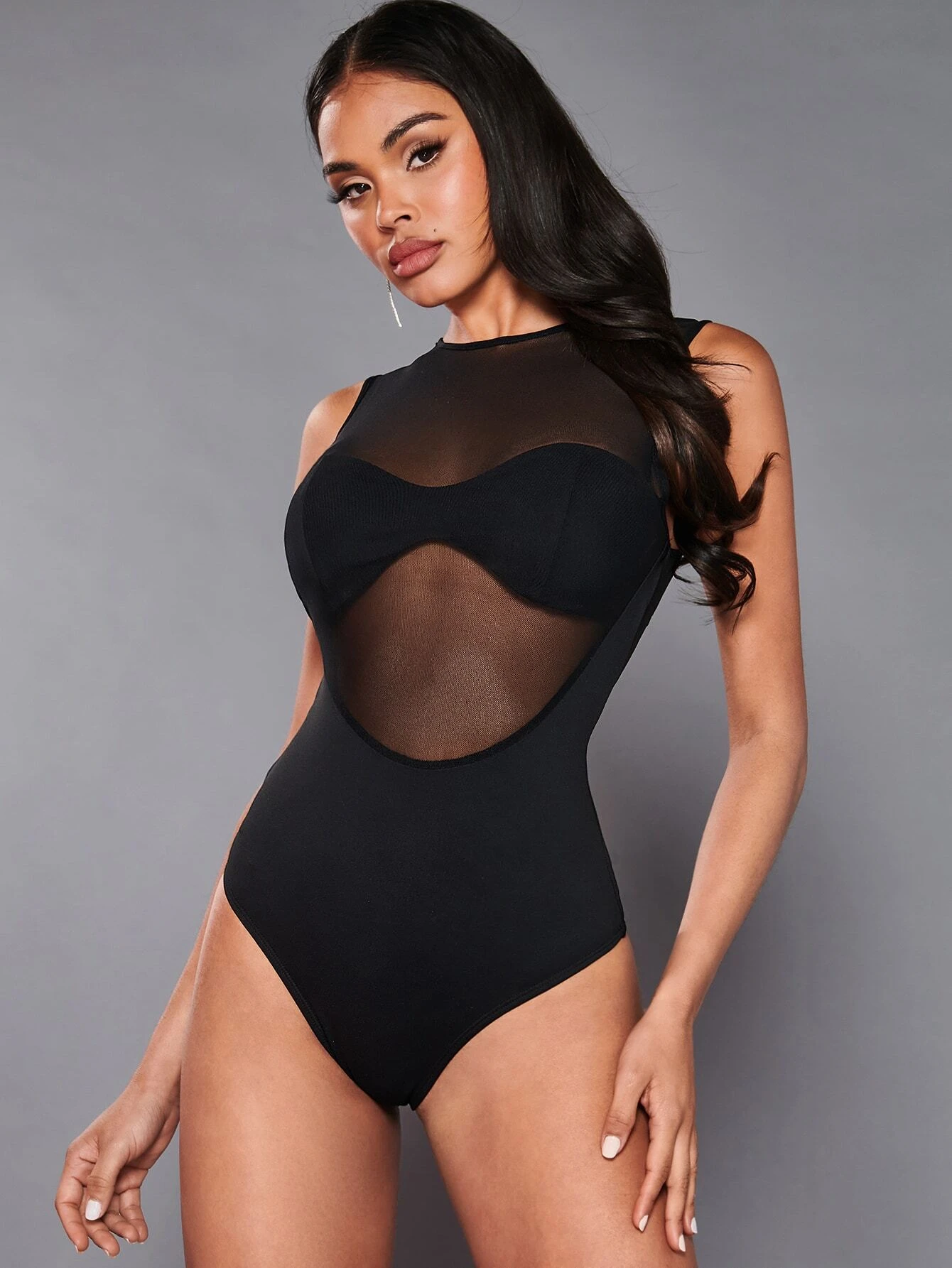 Round Neck Contrast Mesh Bodysuit