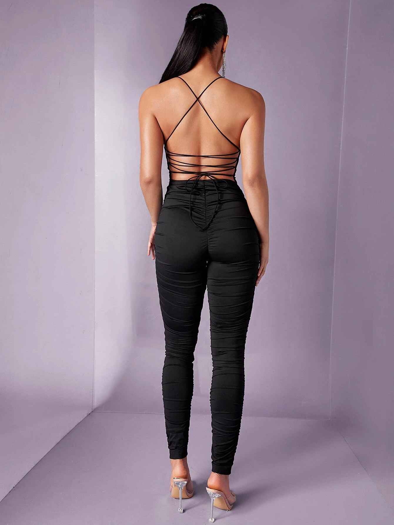 Ruched Backless Halter Neck Unitard Jumpsuit