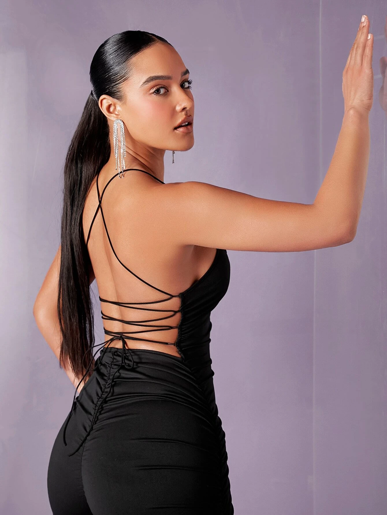 Ruched Backless Halter Neck Unitard Jumpsuit