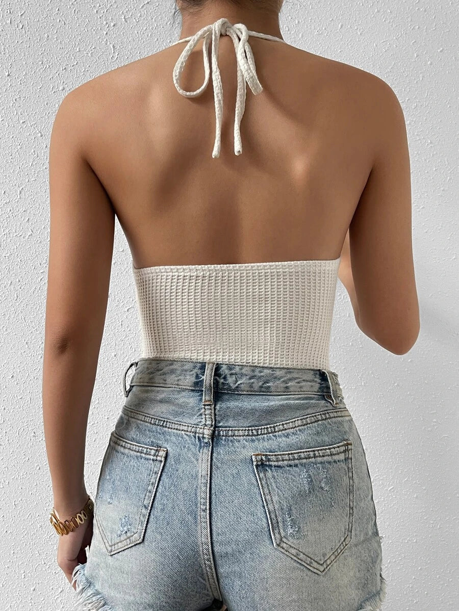 Draped Front Tie Backless Halter Bodysuit