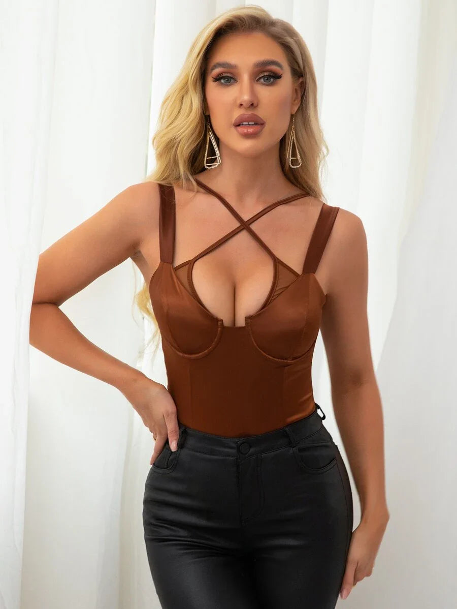 Crisscross Front Satin Cami Bodysuit