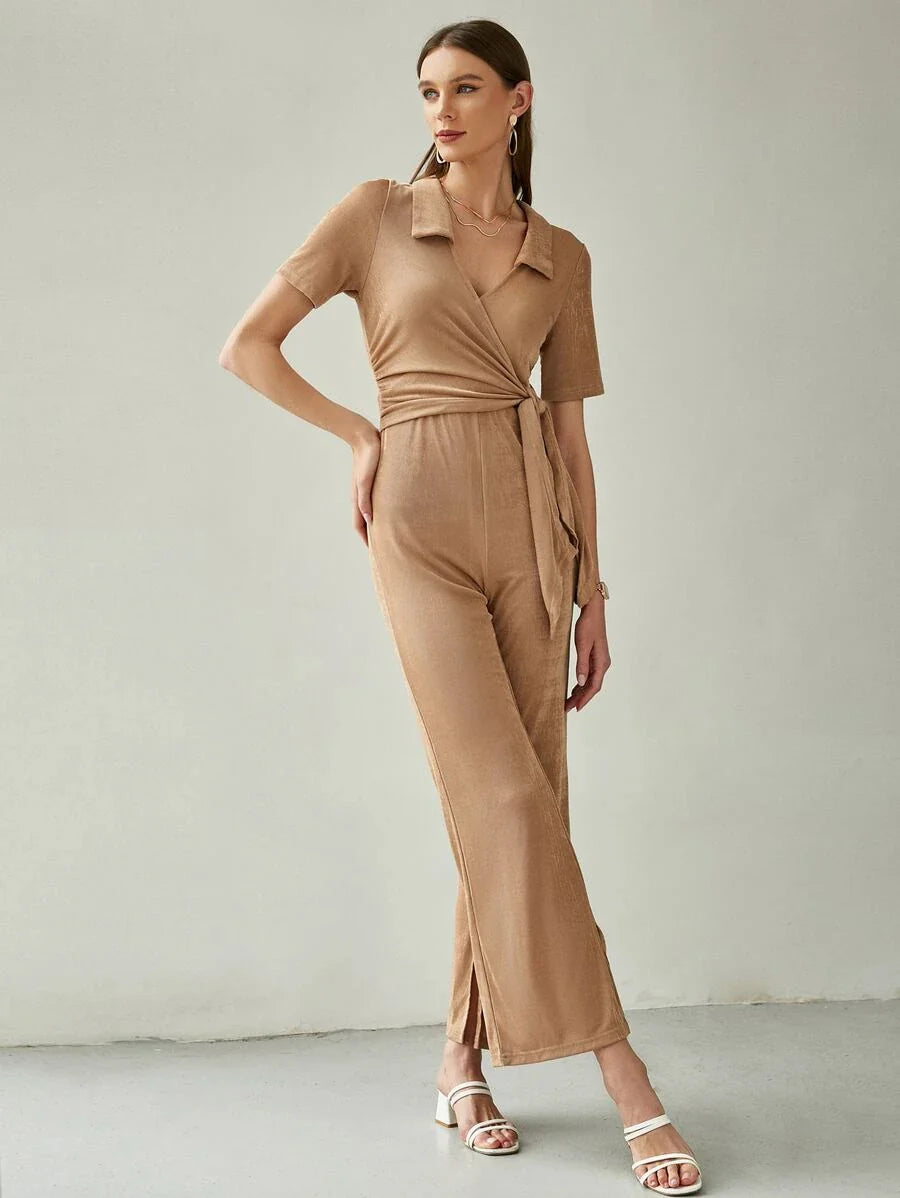 Solid Tie Front Wrap Jumpsuit