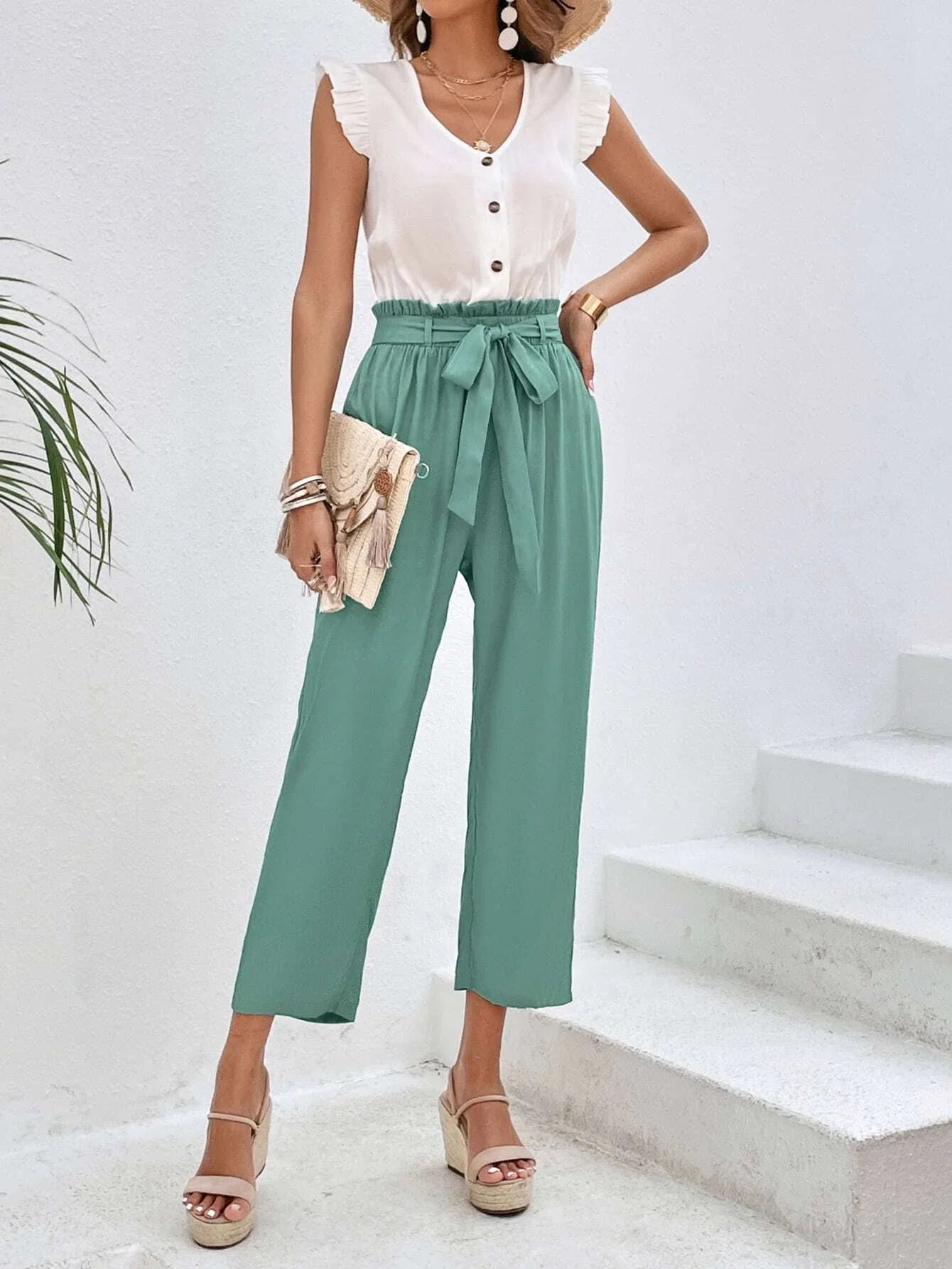 Ruffle Trim Belted Jumpsuit