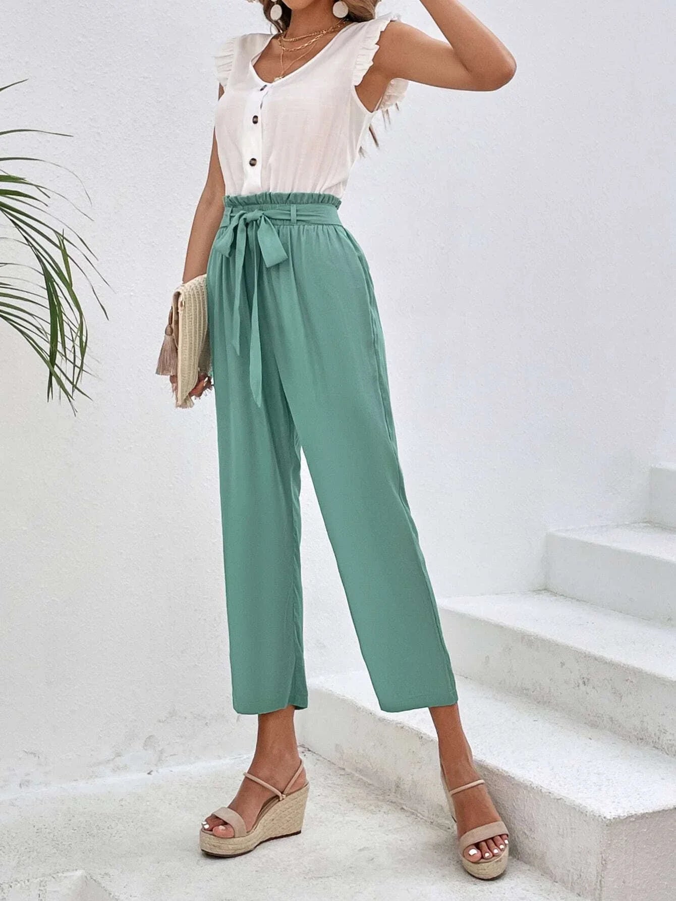 Ruffle Trim Belted Jumpsuit